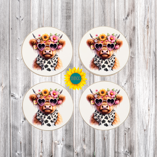 Highland Cow Floral Round Coasters