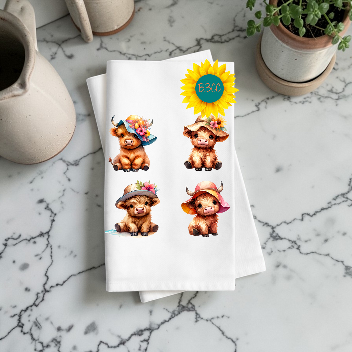 Summer Hat Highland Cow Tea Towel