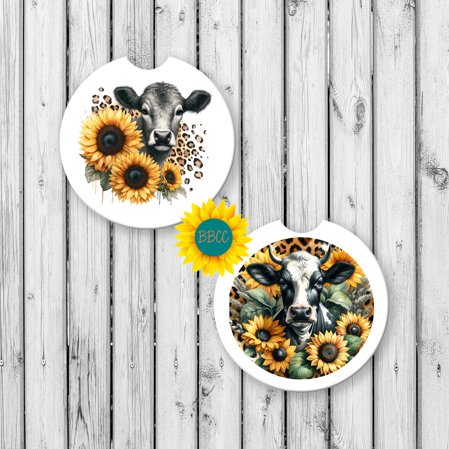 Dairy Cow Car Coasters – Sunflower & Leopard Print Design (Set of 2)
