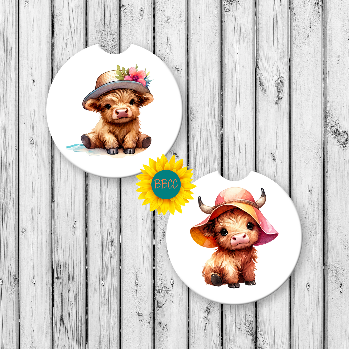 Highland Cow Car Coasters – Soft Summer Hat Design (Set of 2)
