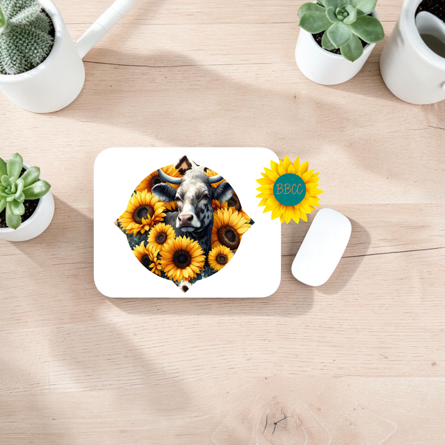 Sunflower Cow Floral Shape Mouse Pad