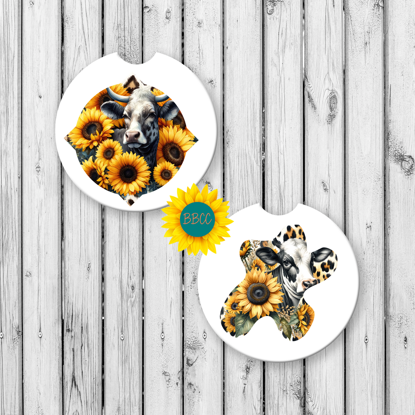 Dairy Cow Car Coasters – Sunflower Cutout Design (Set of 2)