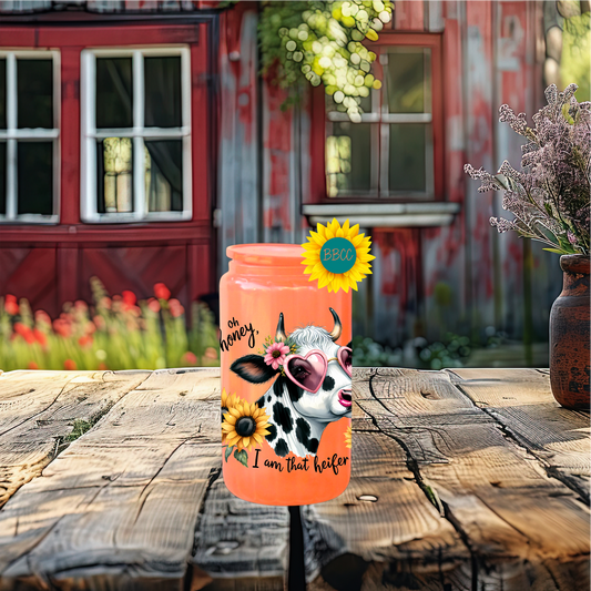 16oz Glass Tumbler – Sassy Cow Oh Honey That Heifer Design