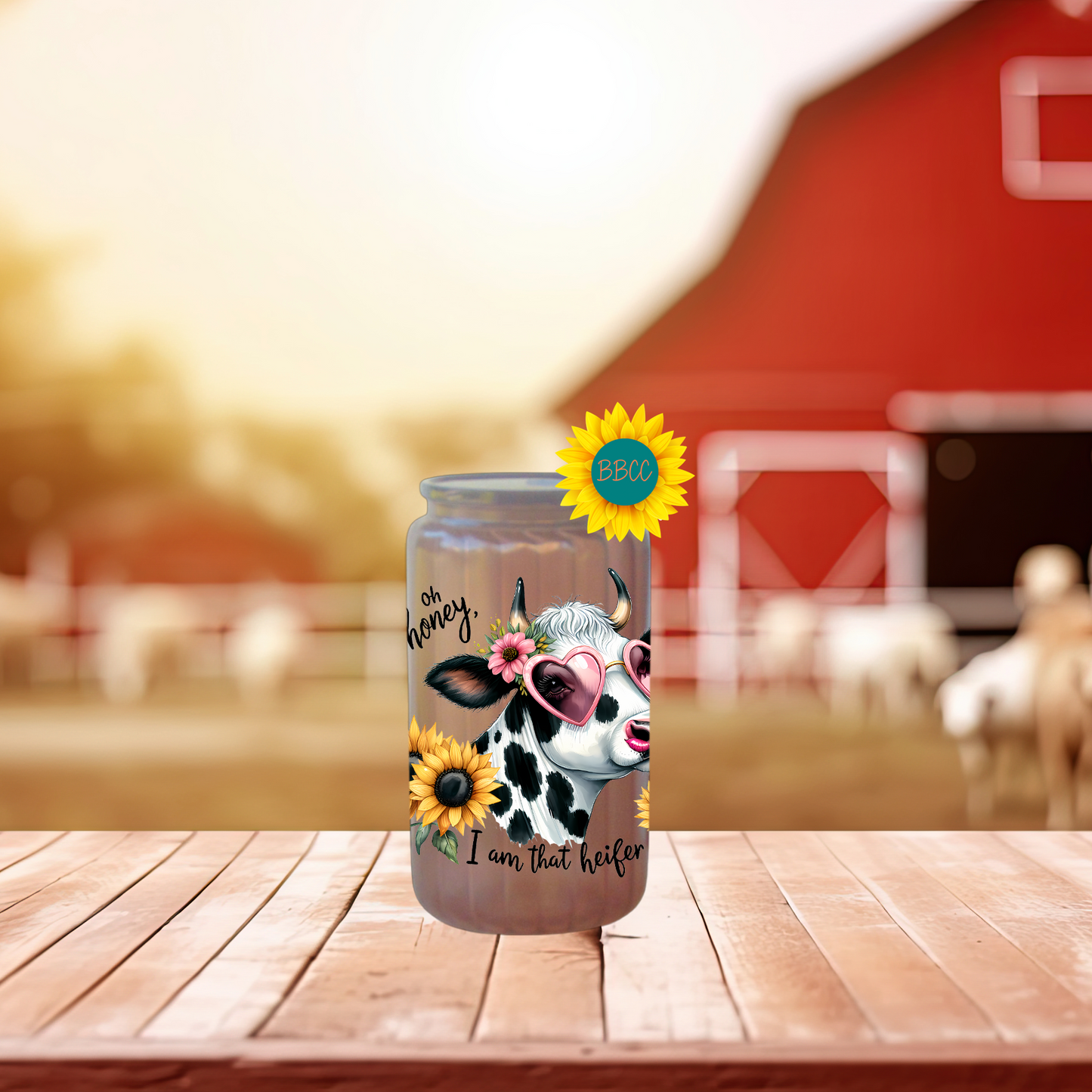 16oz Glass Tumbler – Sassy Cow Oh Honey That Heifer Design
