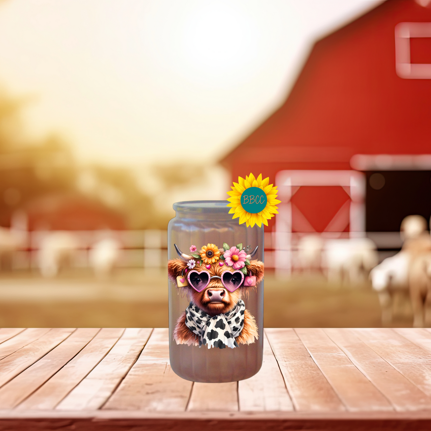 16oz Glass Tumbler – Floral Highland Cow