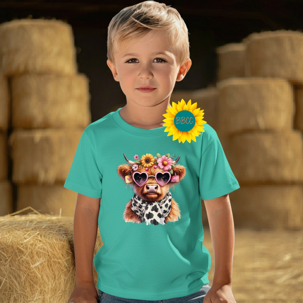 Highland Cow Floral Sunglasses Youth Graphic Tee