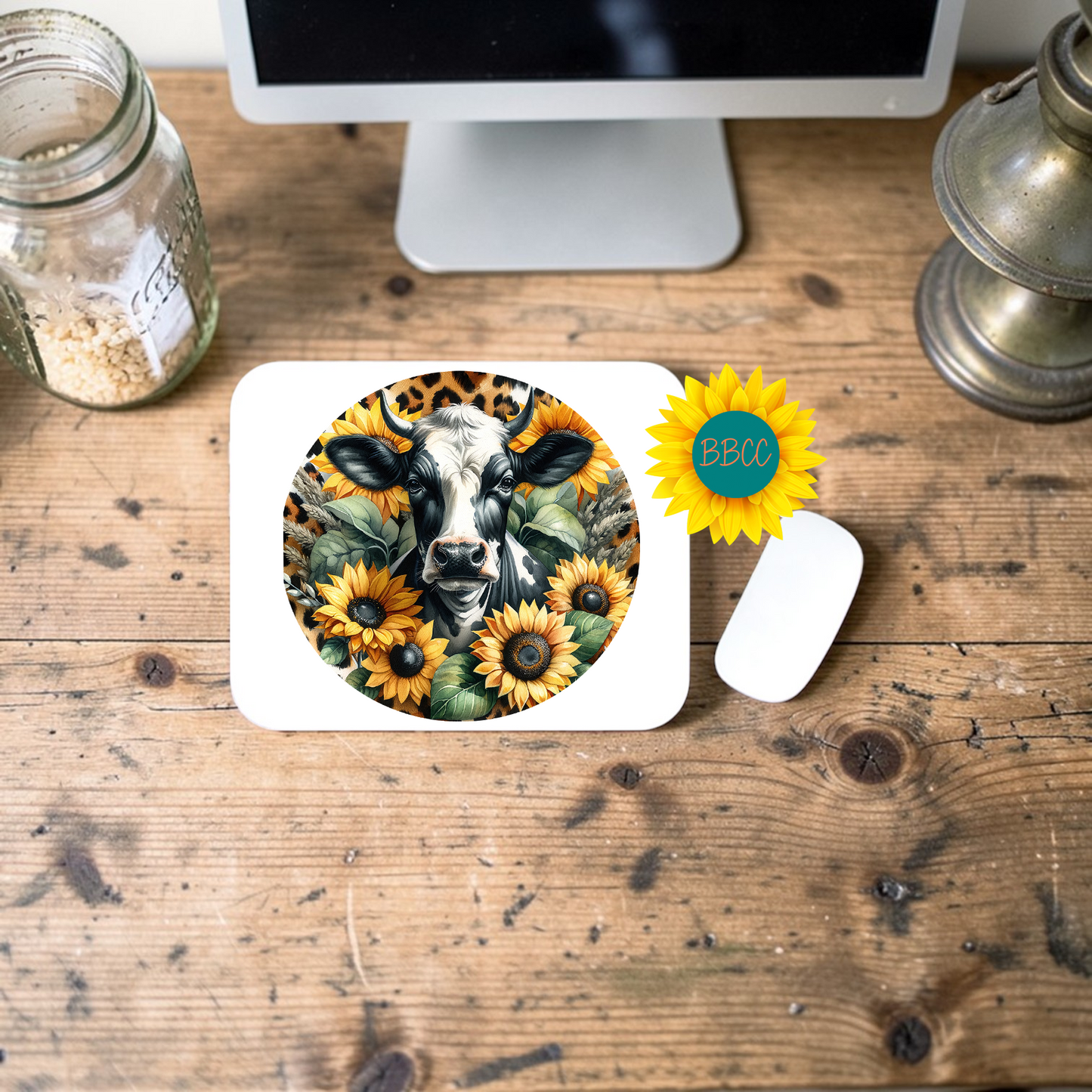 Sunflower Cow Circle Design Mouse Pad