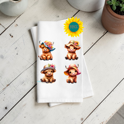 Summer Hat Highland Cow Tea Towel