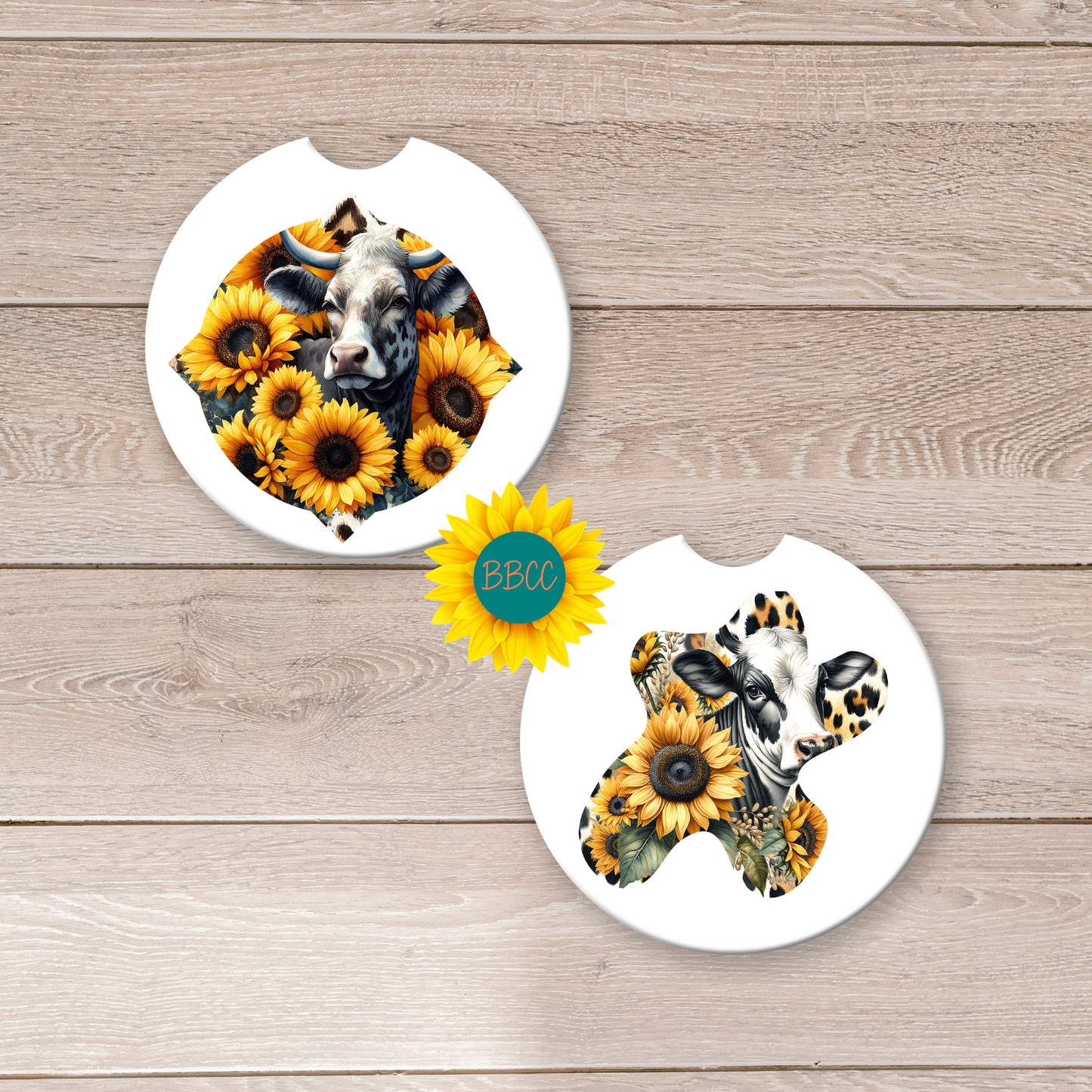 Dairy Cow Car Coasters – Sunflower Cutout Design (Set of 2)