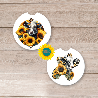 Dairy Cow Car Coasters – Sunflower Cutout Design (Set of 2)