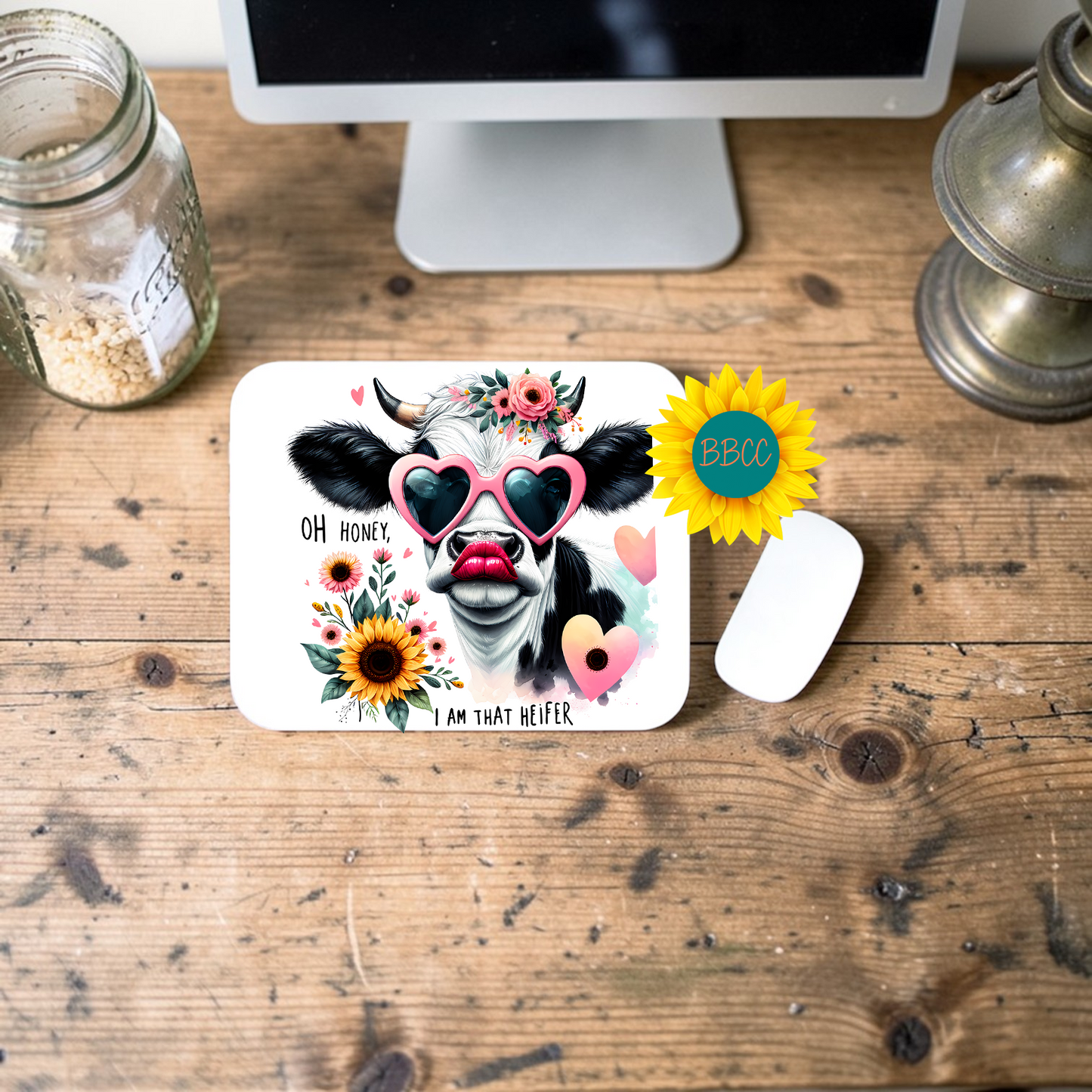 Oh Honey I Am That Heifer Heart Glasses Cow Mouse Pad