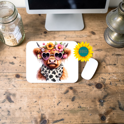 Floral Cow With Heart Sunglasses Mouse Pad