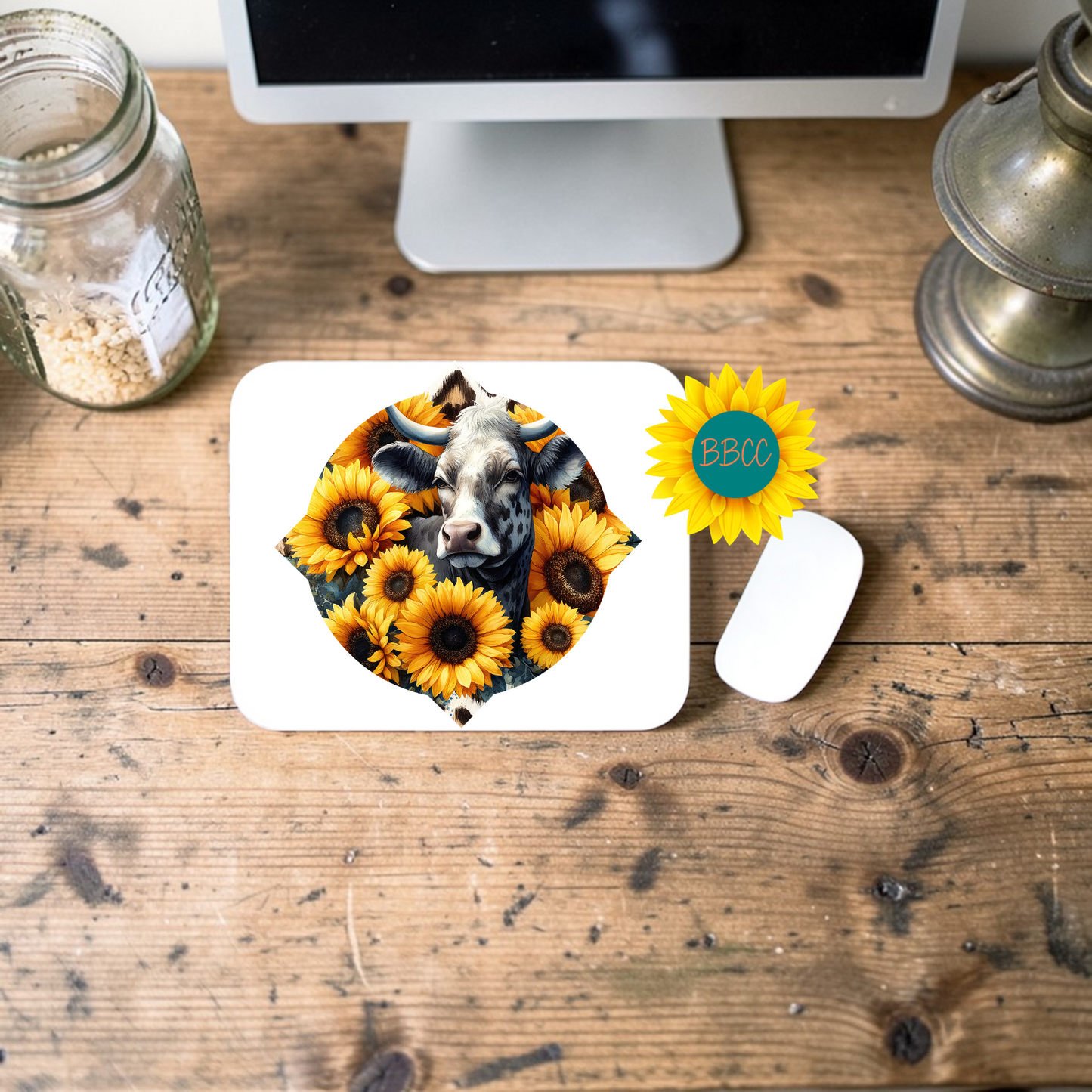 Sunflower Cow Floral Shape Mouse Pad