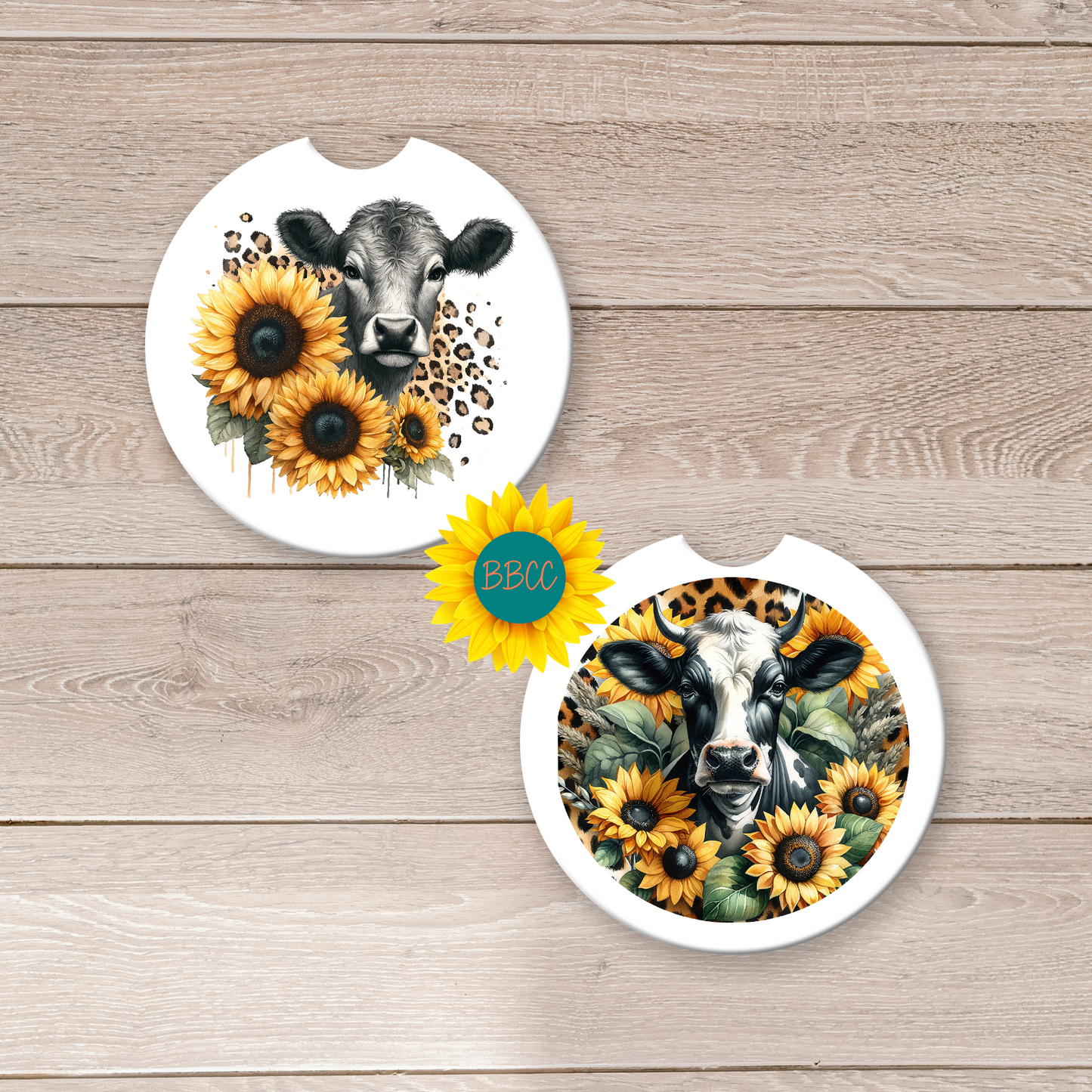 Dairy Cow Car Coasters – Sunflower & Leopard Print Design (Set of 2)