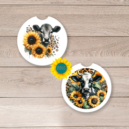 Dairy Cow Car Coasters – Sunflower & Leopard Print Design (Set of 2)