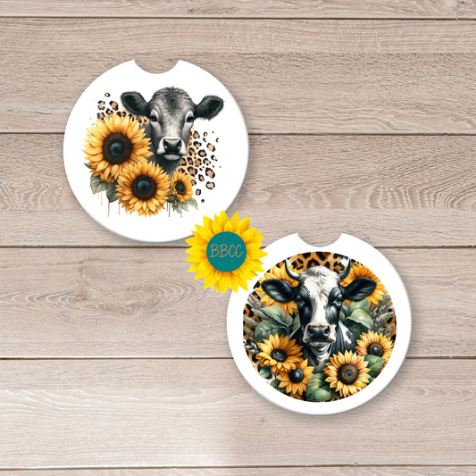 Dairy Cow Car Coasters – Sunflower & Leopard Print Design (Set of 2)