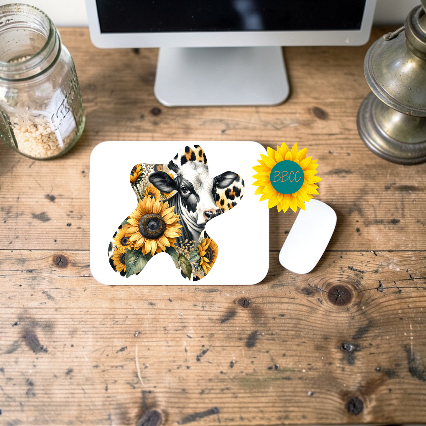 Sunflower Cow Cutout Style Mouse Pad