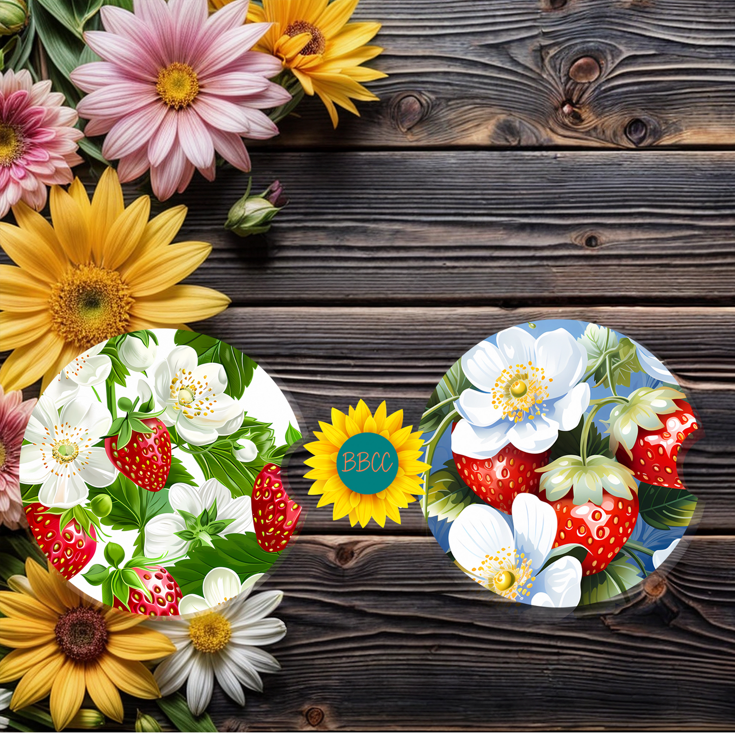 Strawberry Floral Car Coasters Set of 2