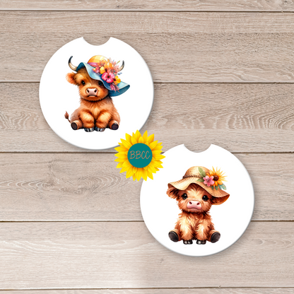 Highland Cow Car Coasters – Summer Floral Hat Design (Set of 2)