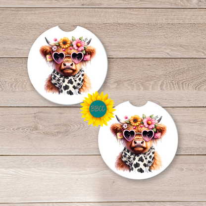 Floral Highland Cow Car Coasters