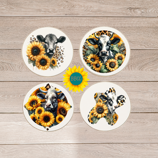 Dairy Cow Sunflower Round Coasters