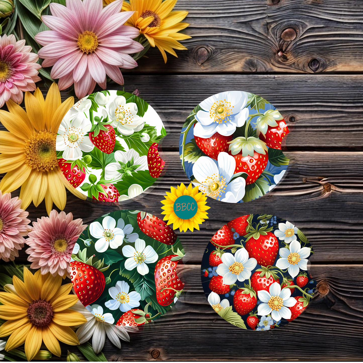 Strawberry Blossom Car Coasters Set of 4