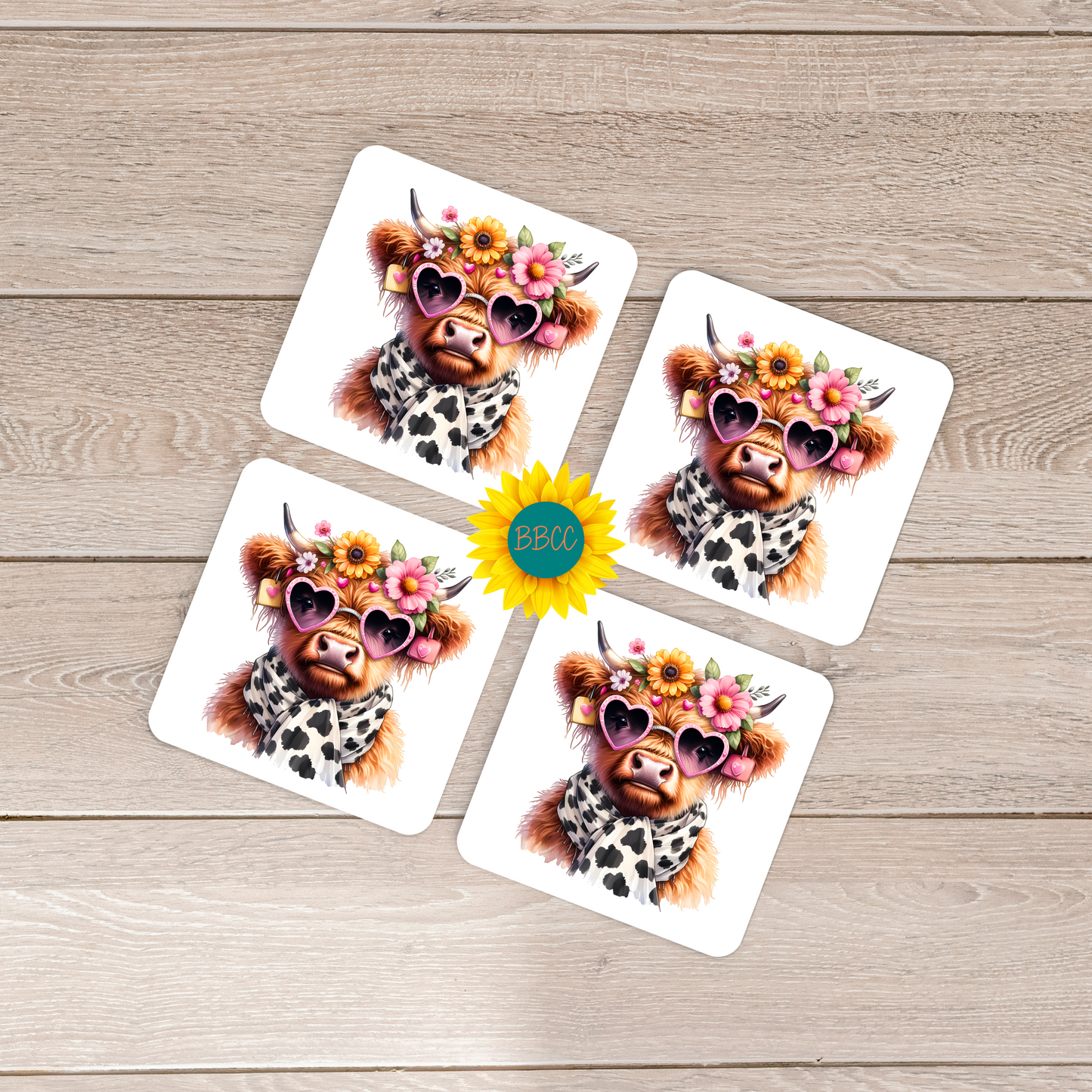 Highland Cow Floral Sunglasses Square Coasters