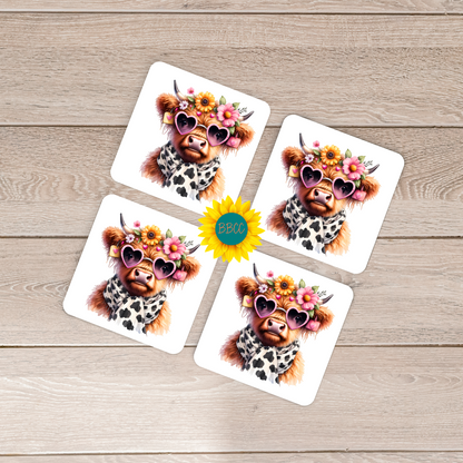 Highland Cow Floral Sunglasses Square Coasters