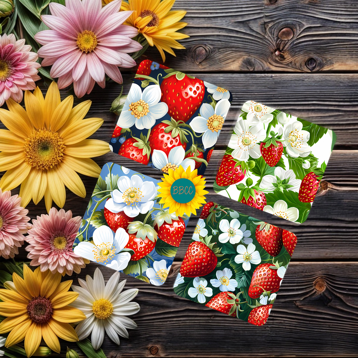 Strawberry Blossom Summer Square Coasters
