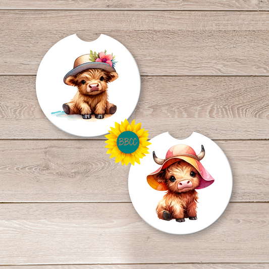 Highland Cow Car Coasters – Soft Summer Hat Design (Set of 2)