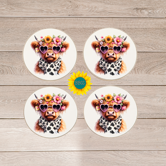 Highland Cow Floral Round Coasters