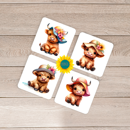 Highland Cow Summer Hats Square Coasters
