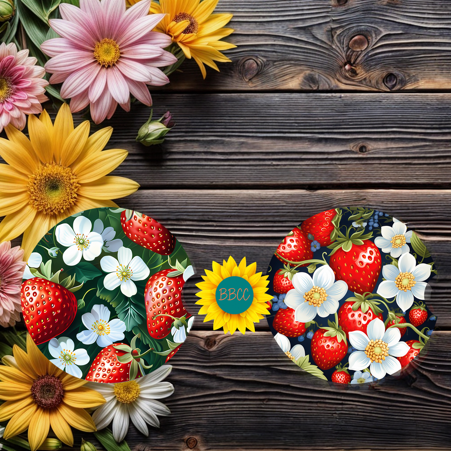 Strawberry Blossom Car Coasters Set of 2