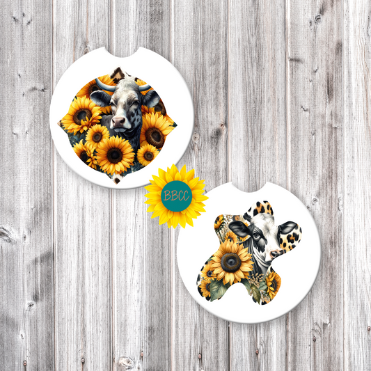 Dairy Cow Car Coasters – Sunflower Cutout Design (Set of 2)