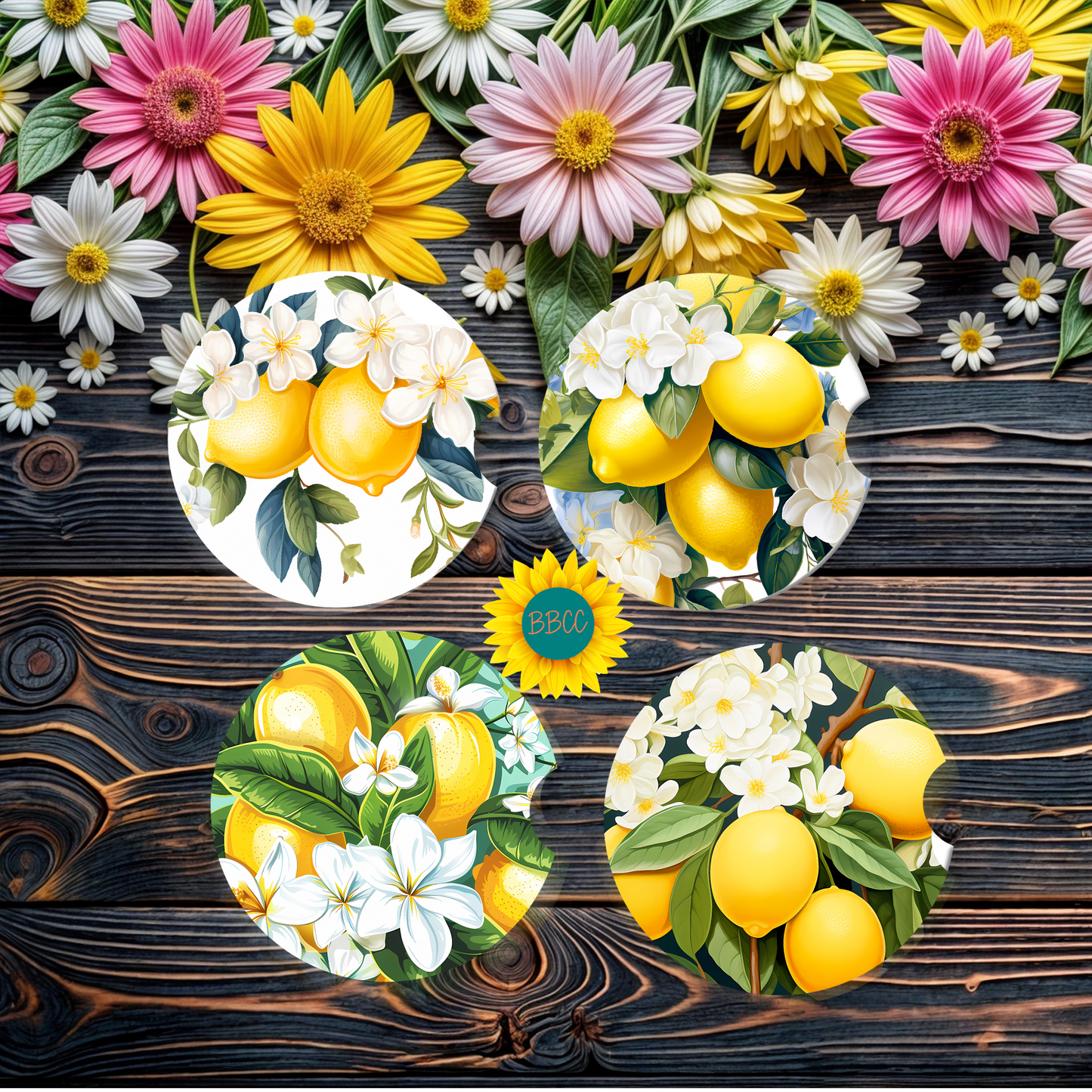 Lemon Blossom Car Coasters Set of 4