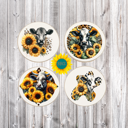 Dairy Cow Sunflower Round Coasters