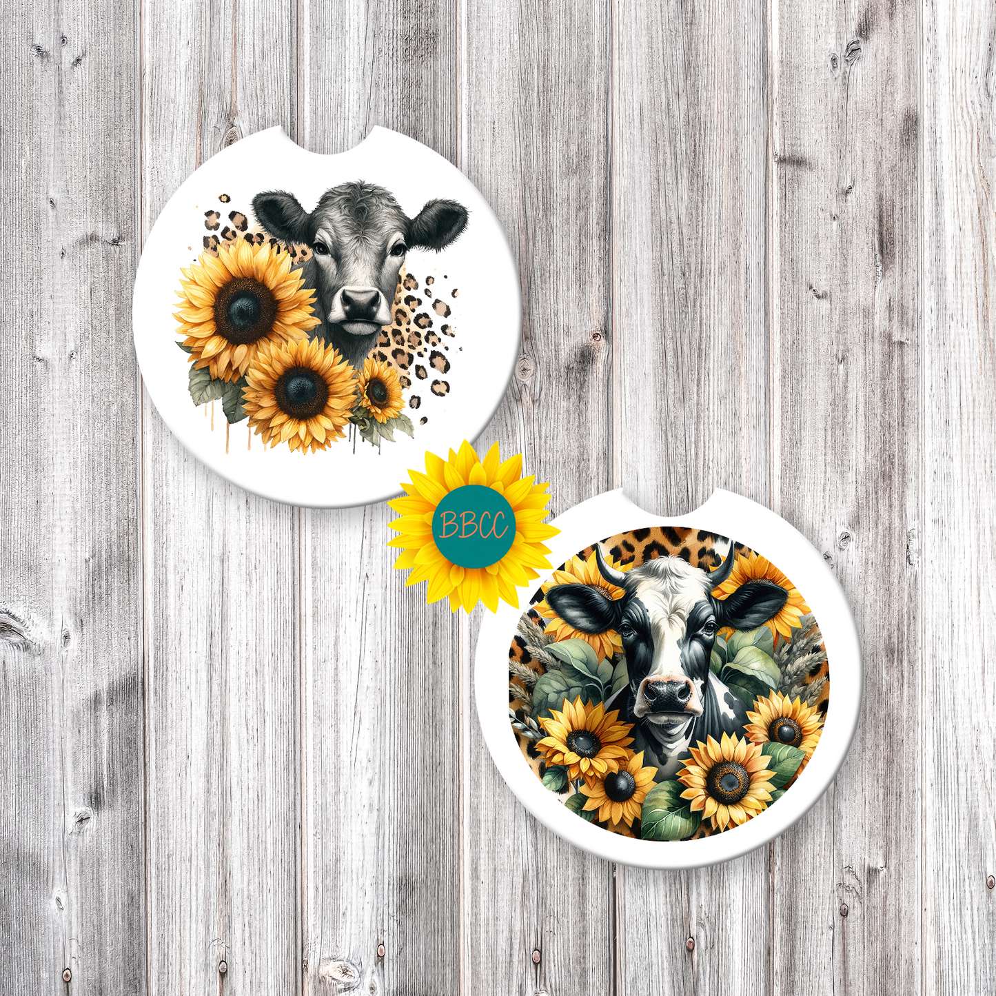 Dairy Cow Car Coasters – Sunflower & Leopard Print Design (Set of 2)