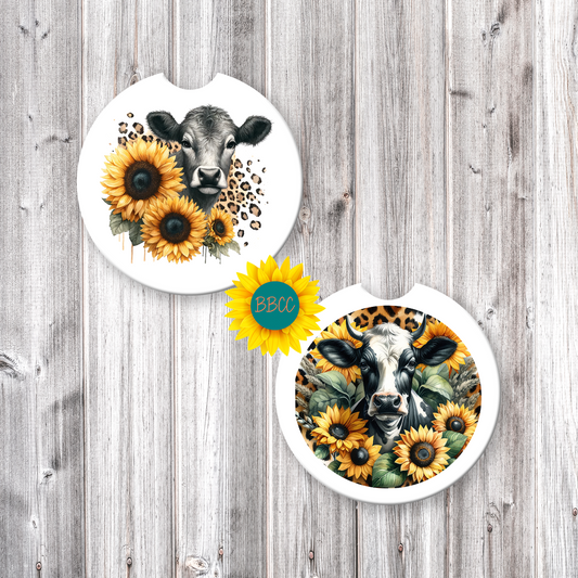 Dairy Cow Car Coasters – Sunflower & Leopard Print Design (Set of 2)