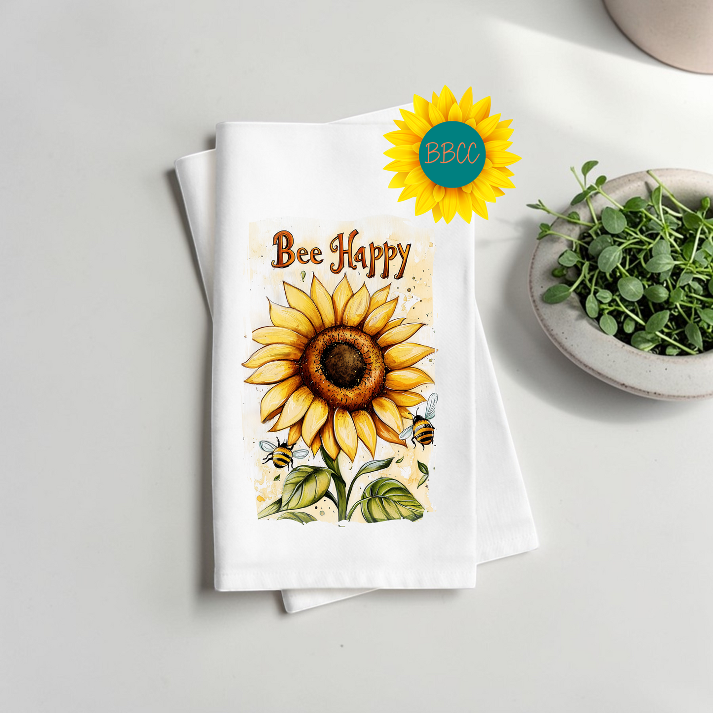 Bee Happy Sunflower Tea Towel