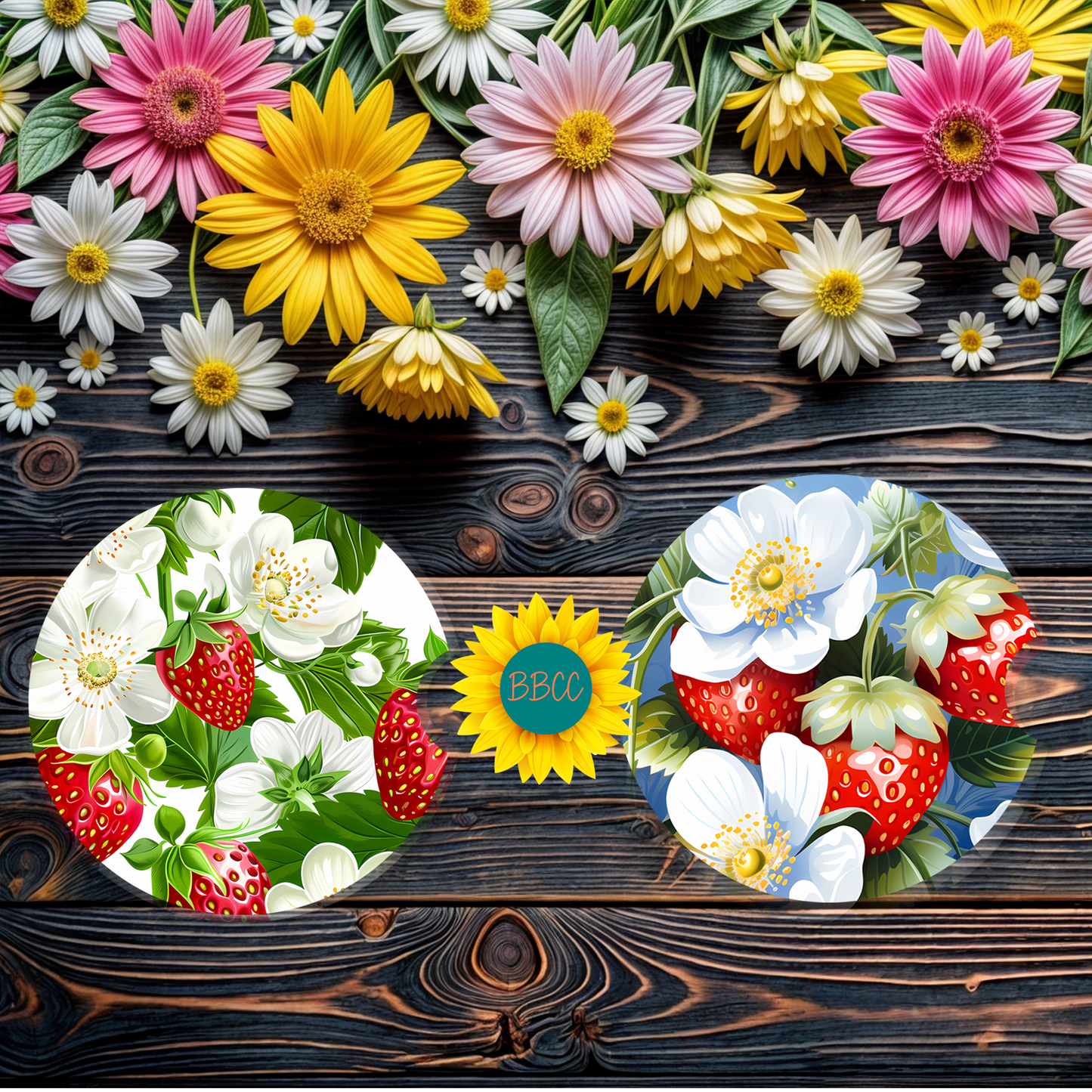 Strawberry Floral Car Coasters Set of 2
