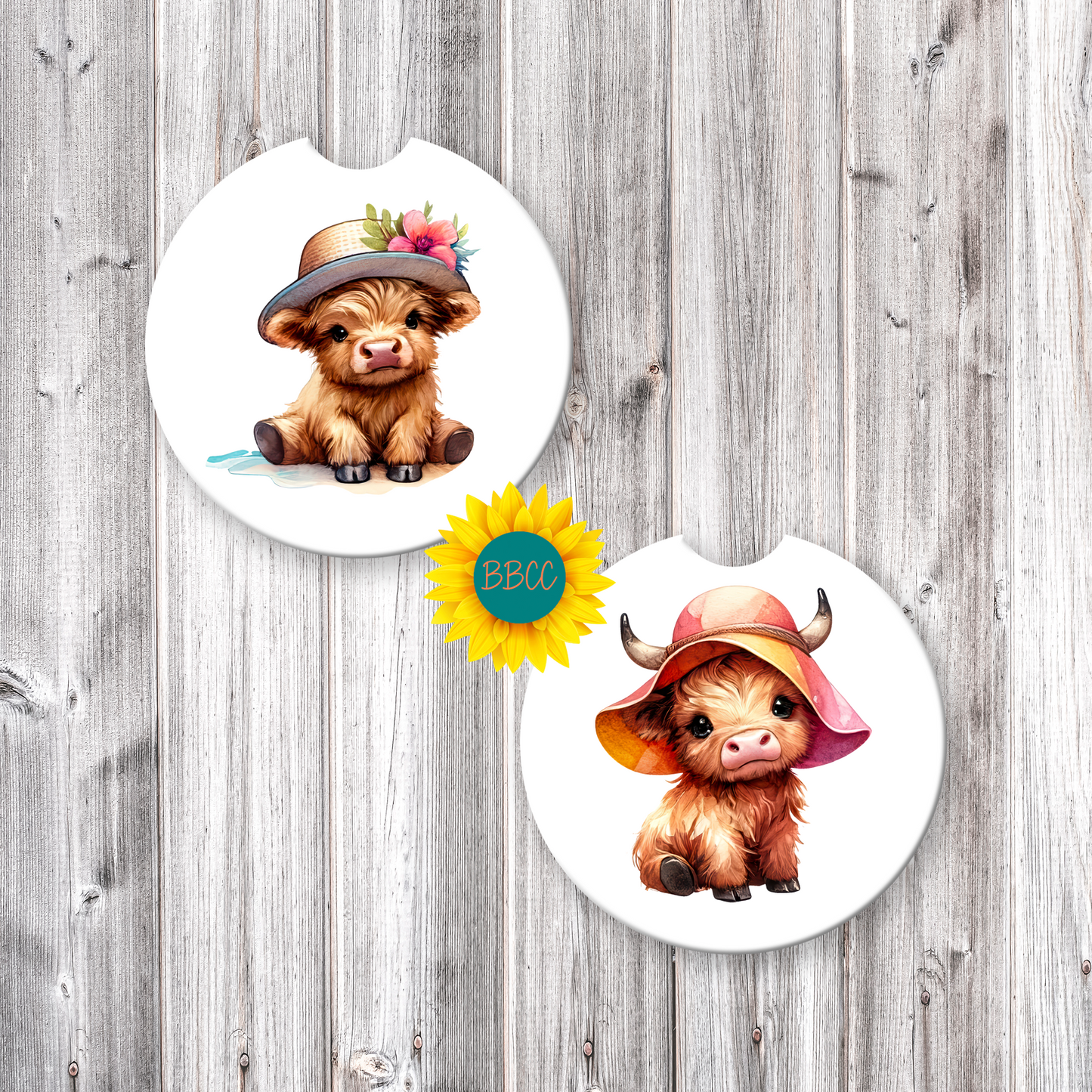 Highland Cow Car Coasters – Soft Summer Hat Design (Set of 2)
