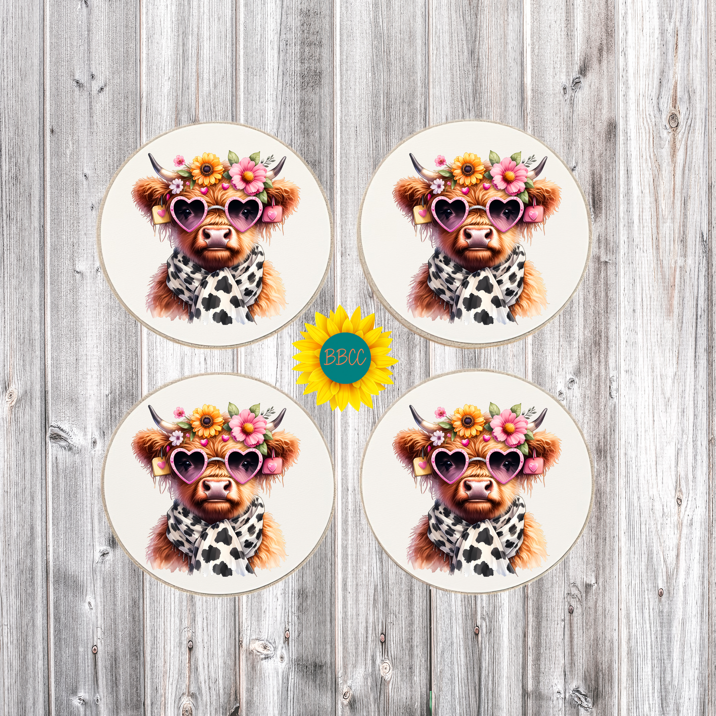 Highland Cow Floral Round Coasters