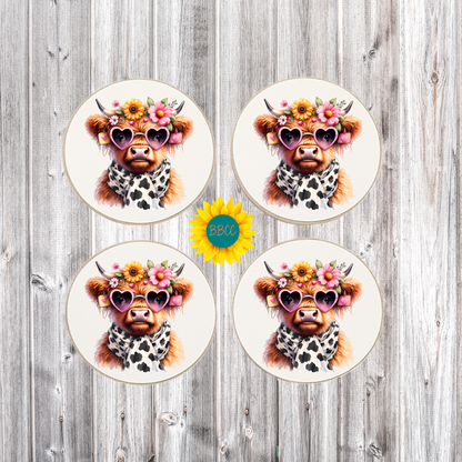 Highland Cow Floral Round Coasters