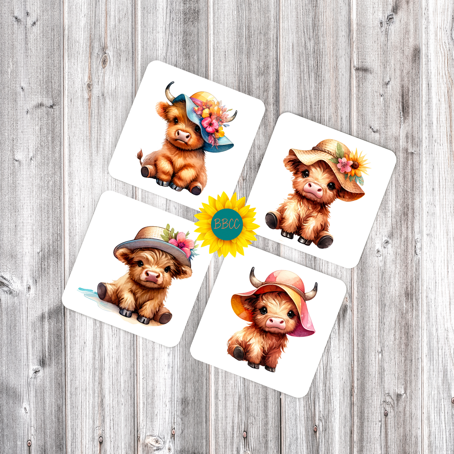 Highland Cow Summer Hats Square Coasters