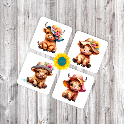 Highland Cow Summer Hats Square Coasters
