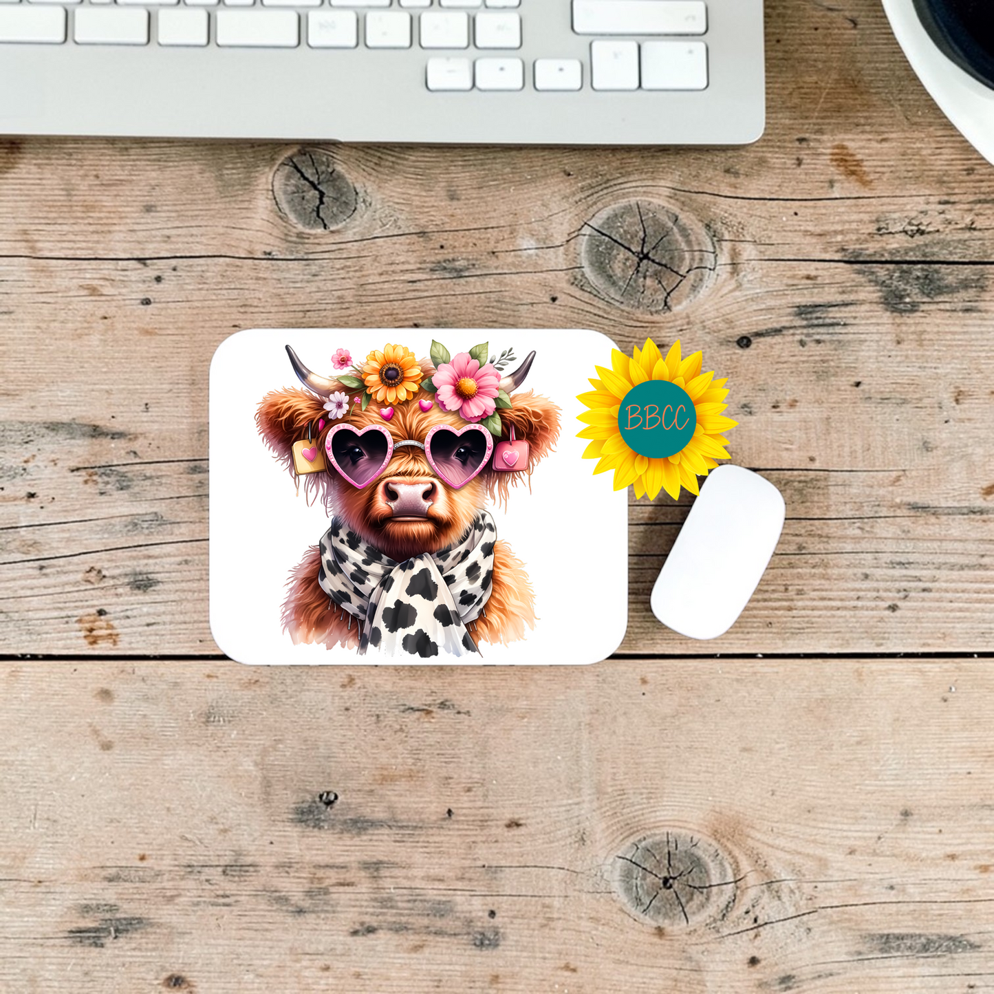 Floral Cow With Heart Sunglasses Mouse Pad