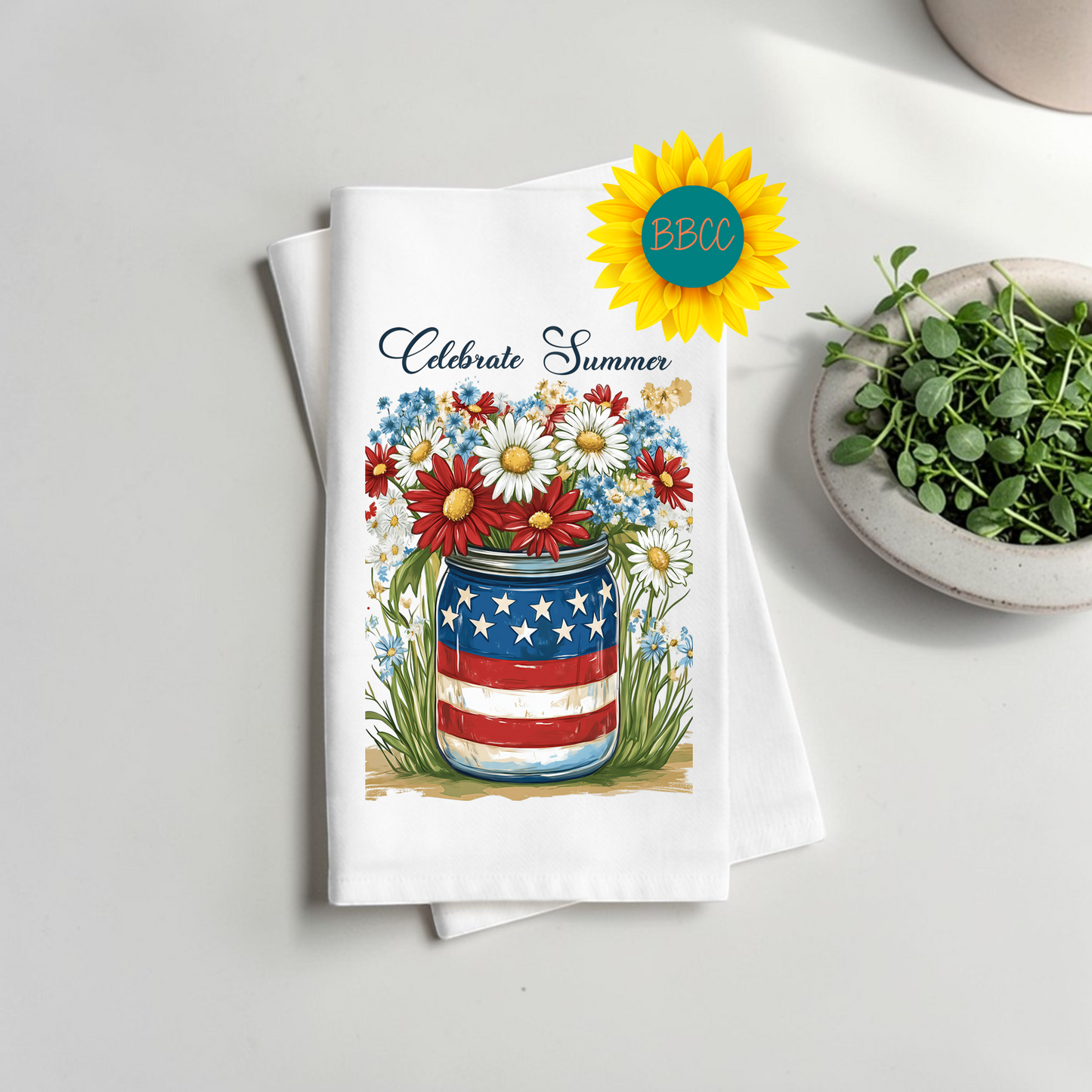 Celebrate Summer Patriotic Floral Tea Towel