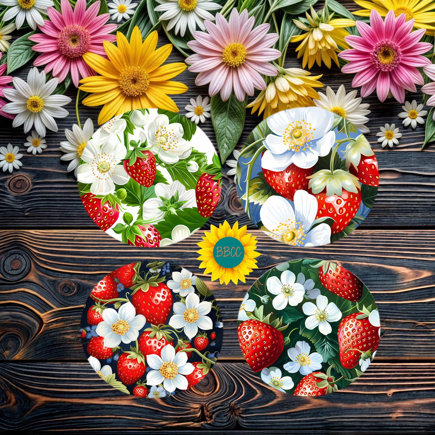 Strawberry Blossom Summer Round Coasters
