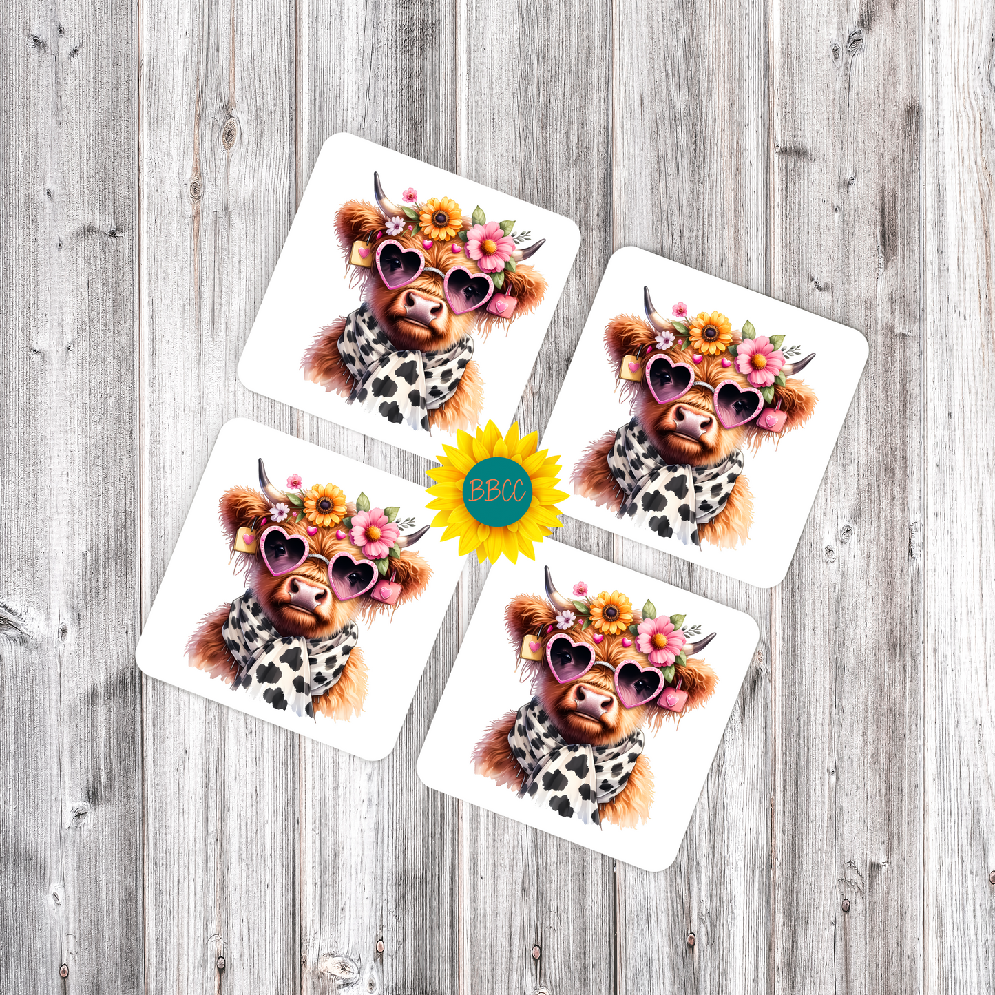 Highland Cow Floral Sunglasses Square Coasters