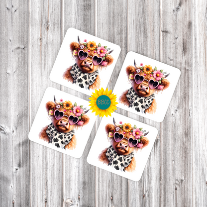 Highland Cow Floral Sunglasses Square Coasters